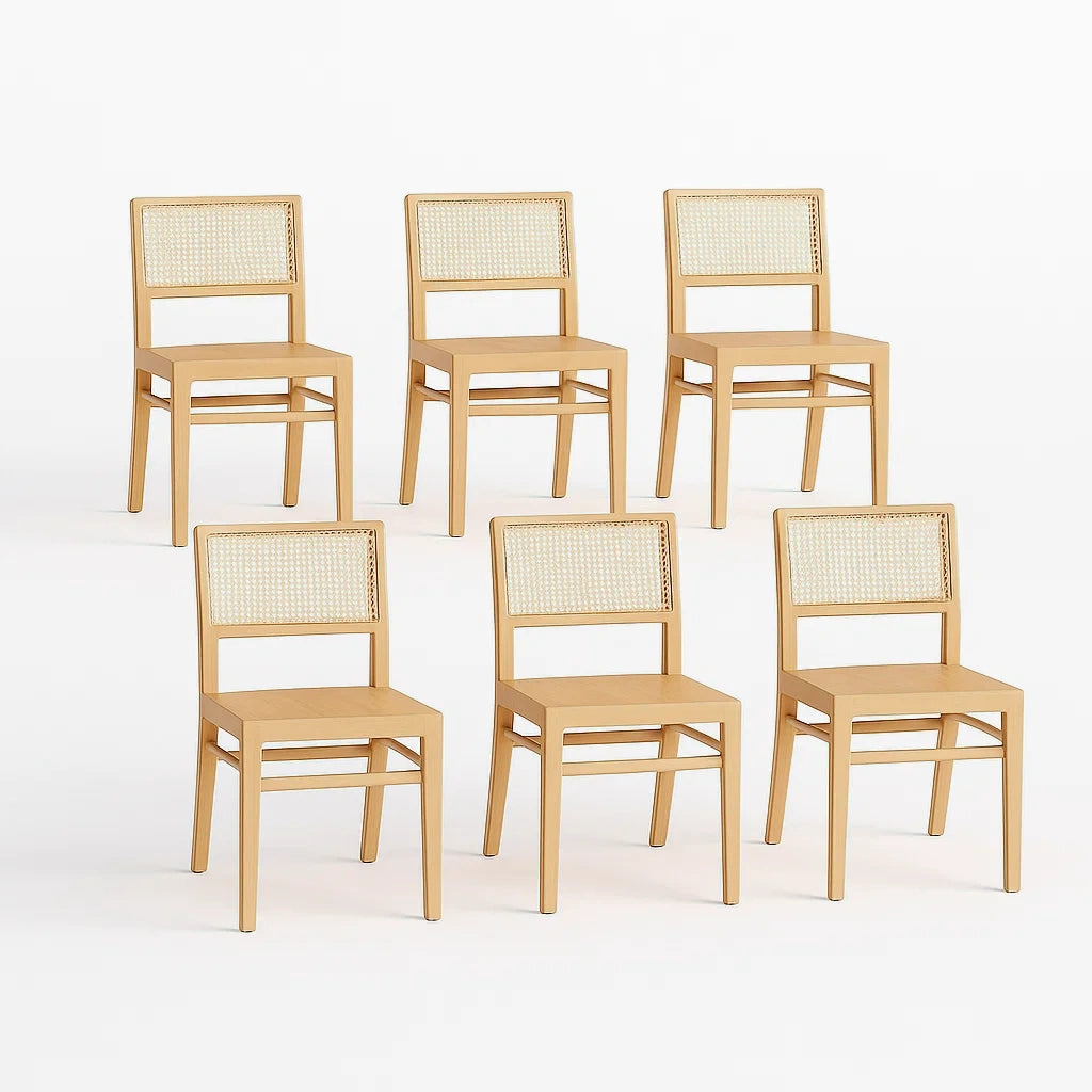 Set di 6 Sedie in Legno con Schienale in Rattan
