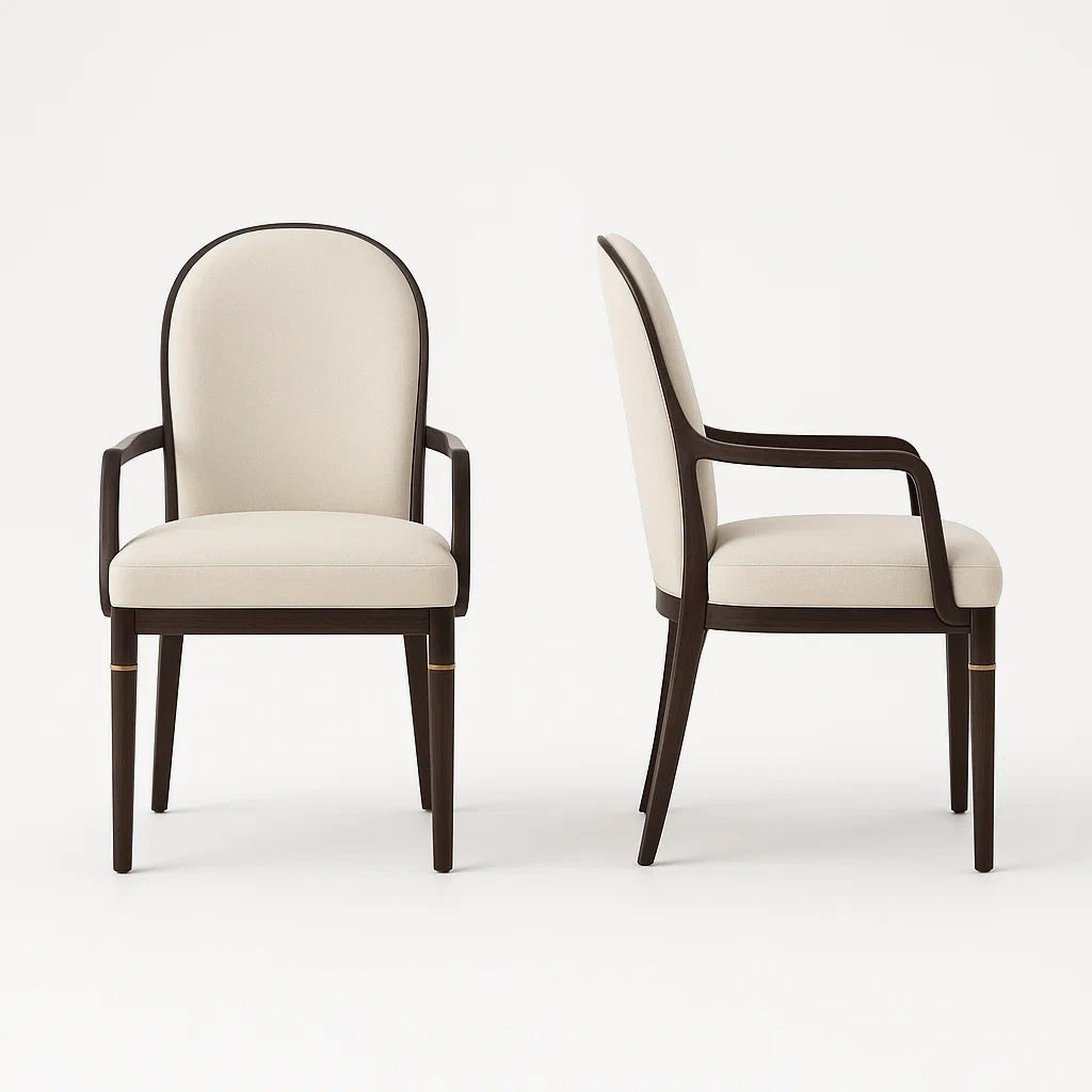 Set di due sedie con braccioli in legno e tessuto poliestere beige
