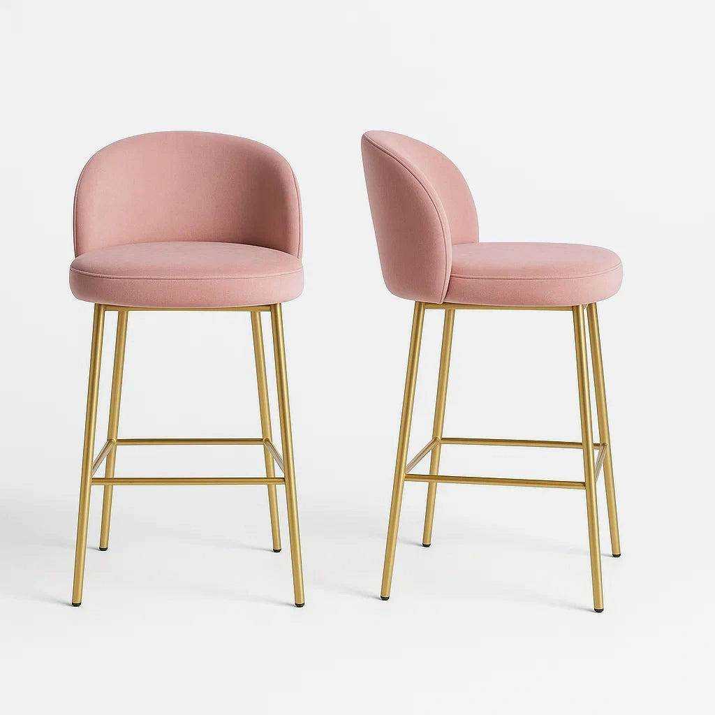 Set di 2 Sgabelli da Bar in Velluto Rosa con Gambe in Metallo