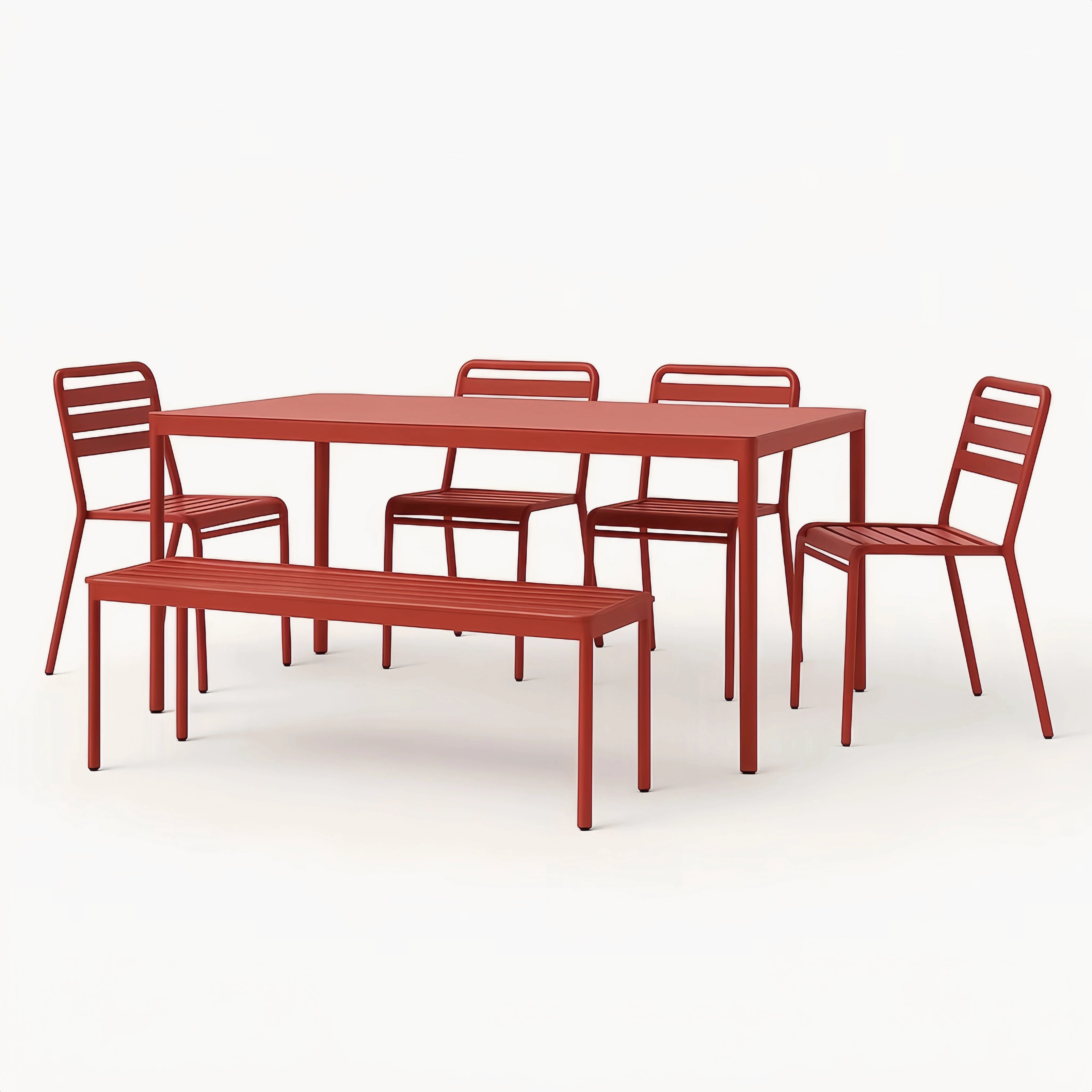 Set da pranzo in metallo con tavolo, sedie e panca