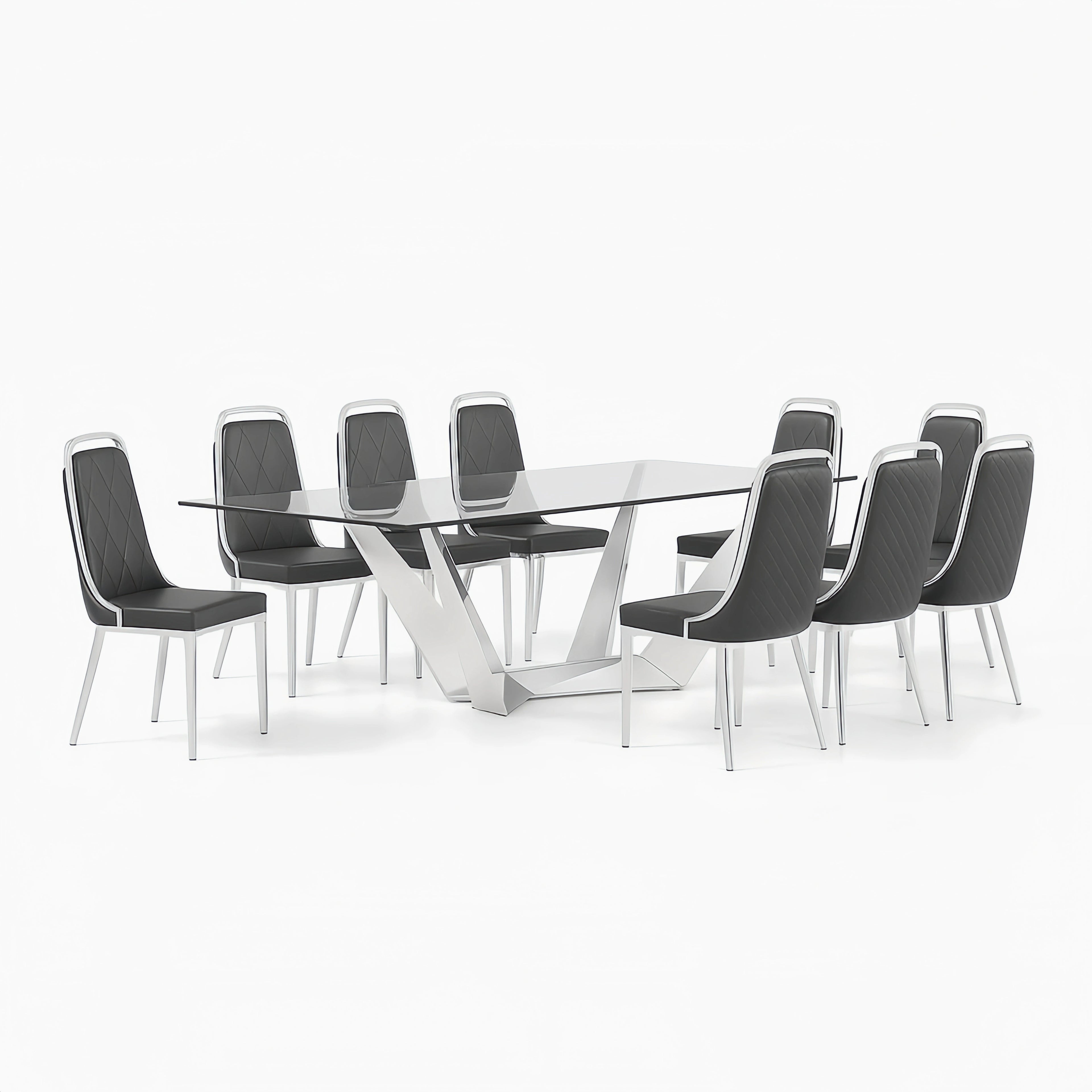 Set Tavolo con Piano in Vetro e 8 Sedie in Acciaio e Pelle Sintetica