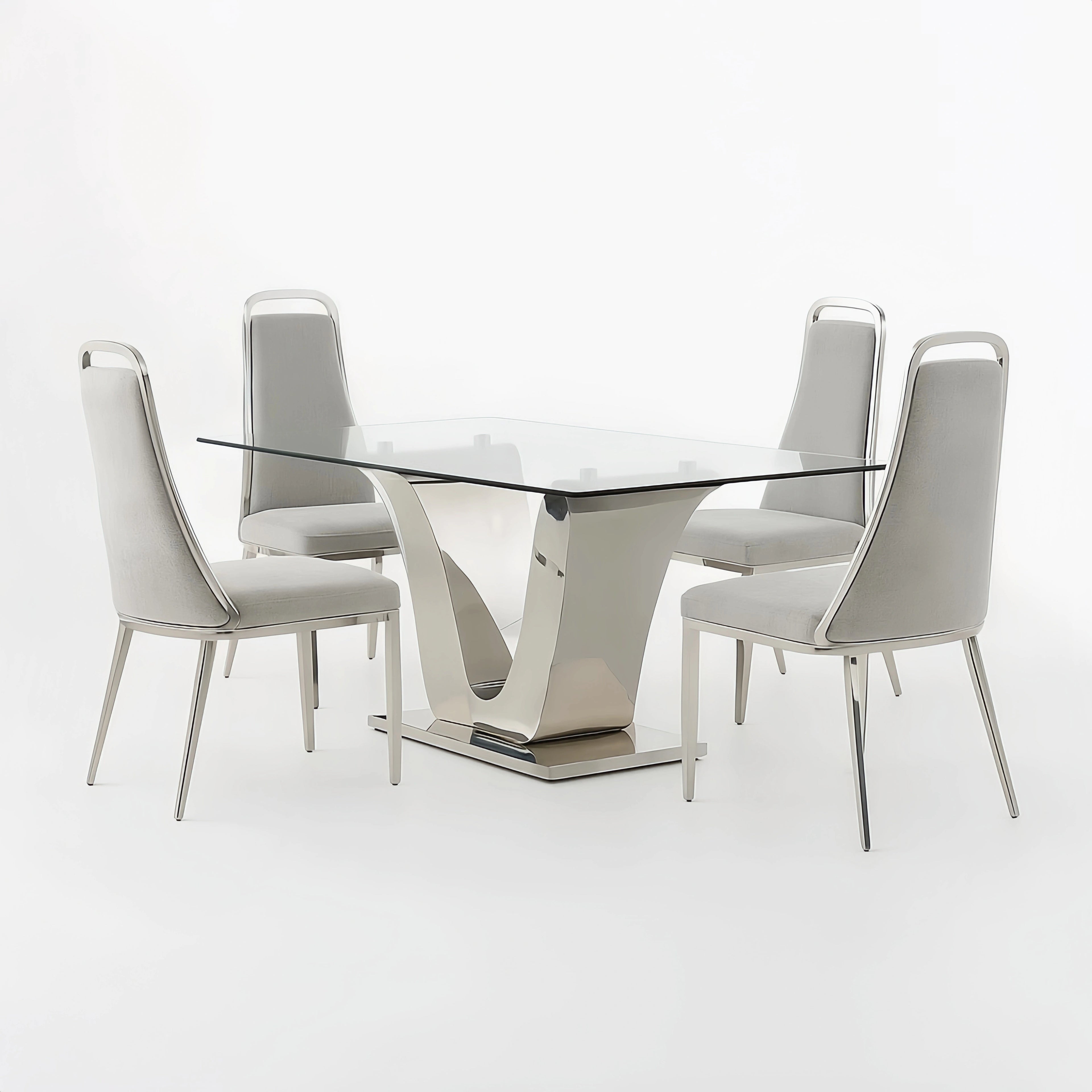 Set Tavolo da Pranzo Vetro Temperato e Acciaio con 4 Sedie Grigie