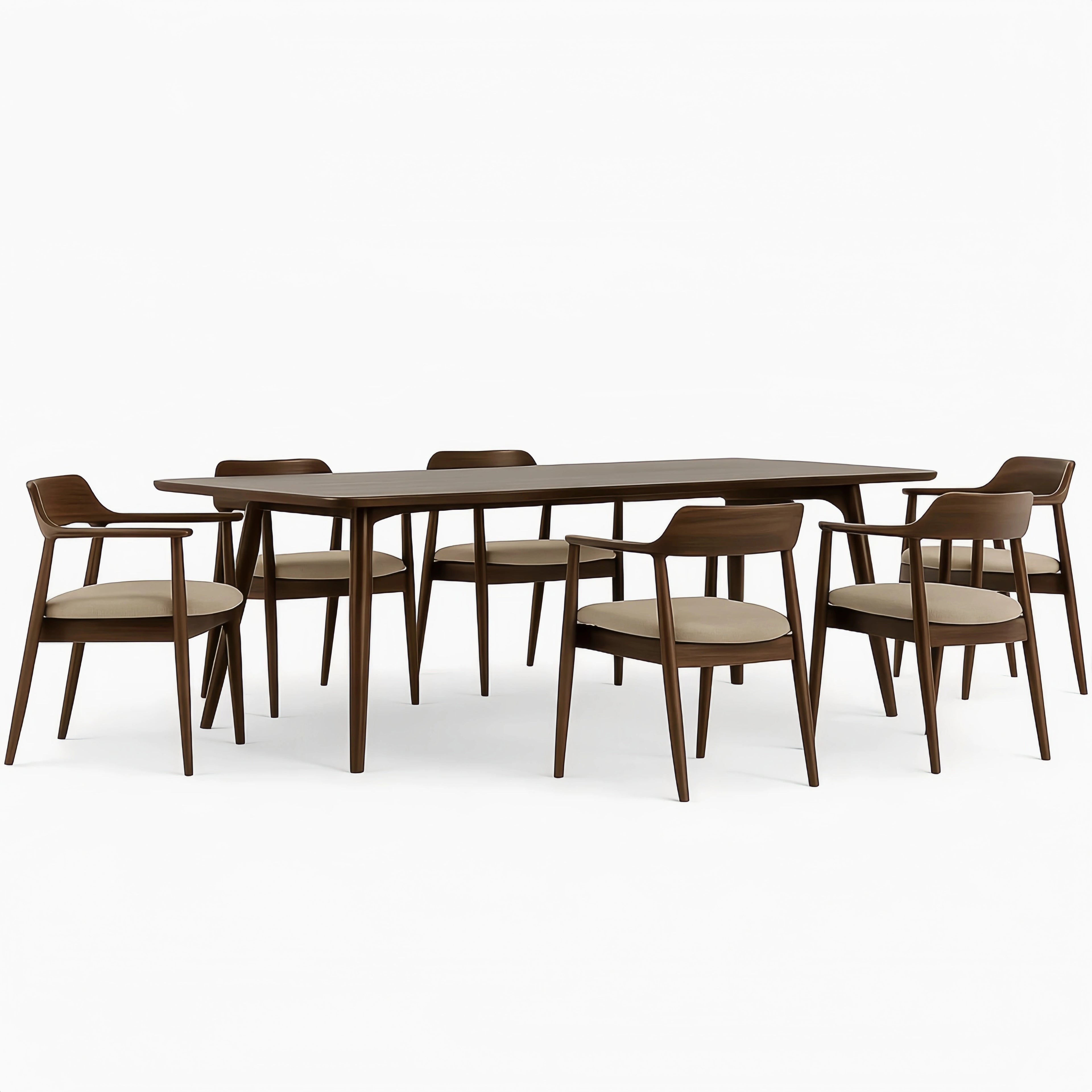 Set da pranzo in legno con 6 sedie imbottite, Marrone