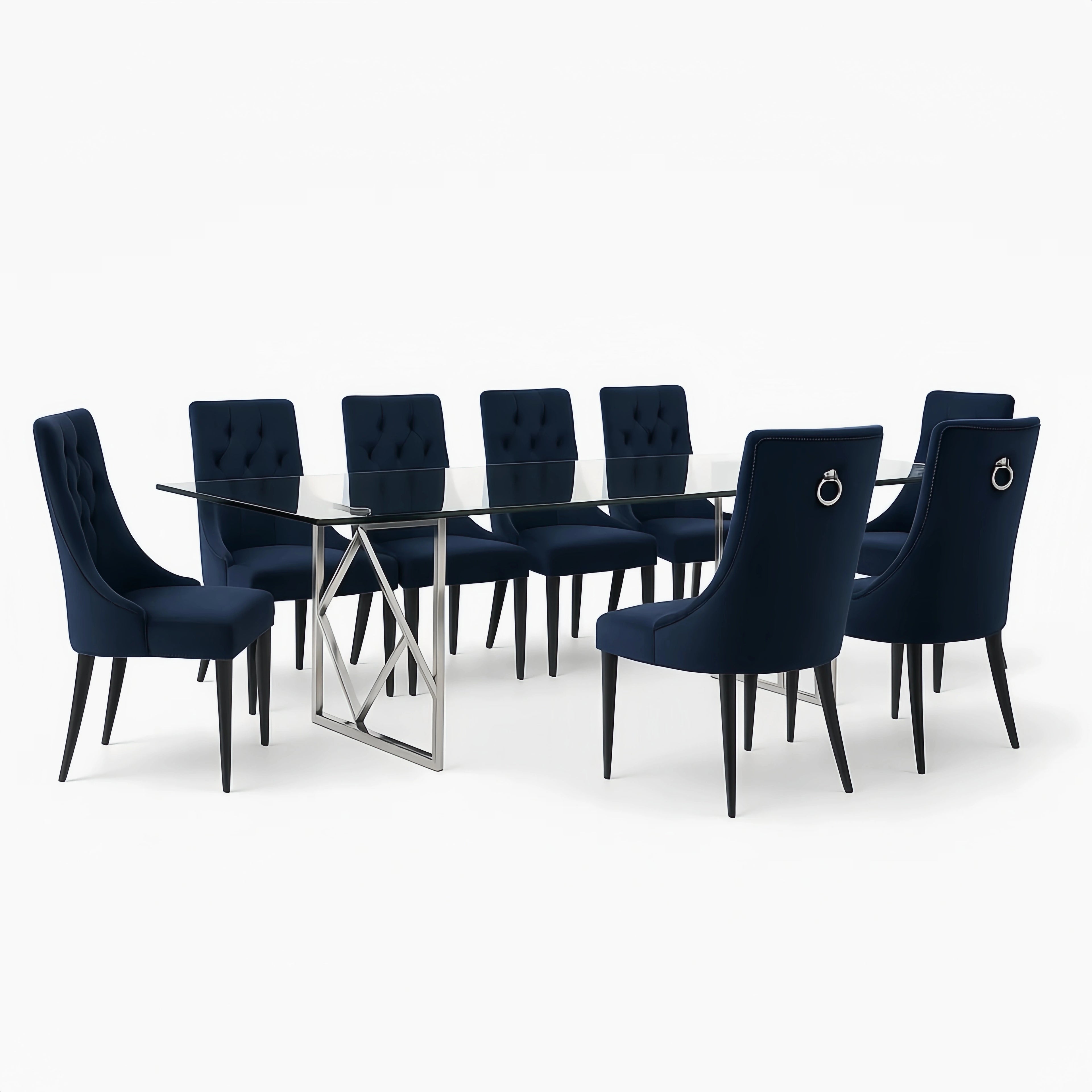 Set da pranzo 8 sedie velluto Blu con tavolo vetro temperato