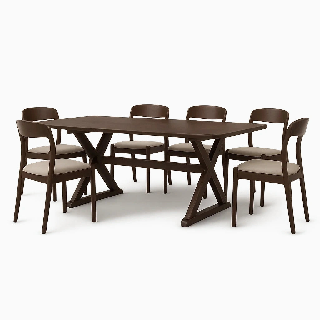 Set Tavolo da Pranzo in Legno e 6 Sedie con Sedute Imbottite, Colore Marrone