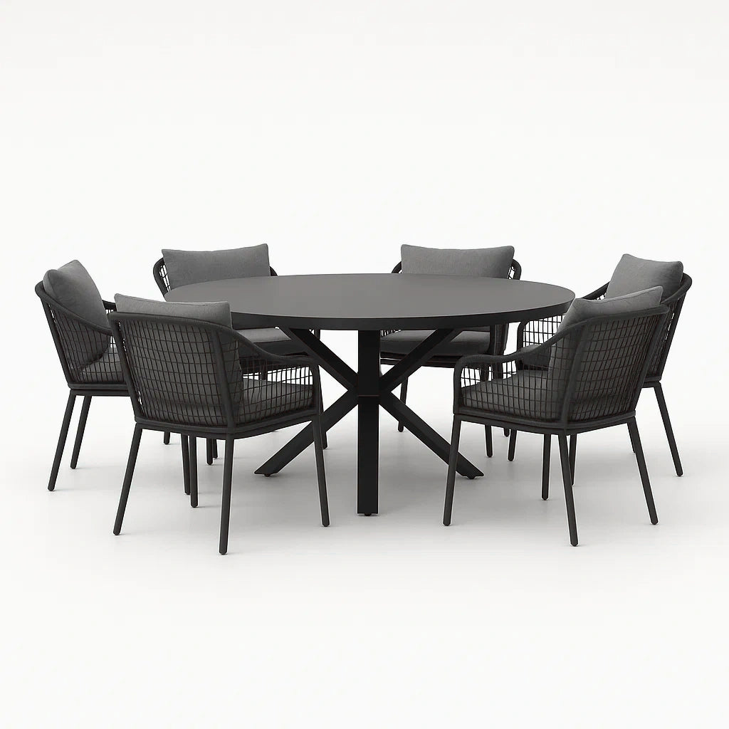 Set Tavolo Rotondo in Metallo con 6 Sedie in Metallo e Tessuto Grigio