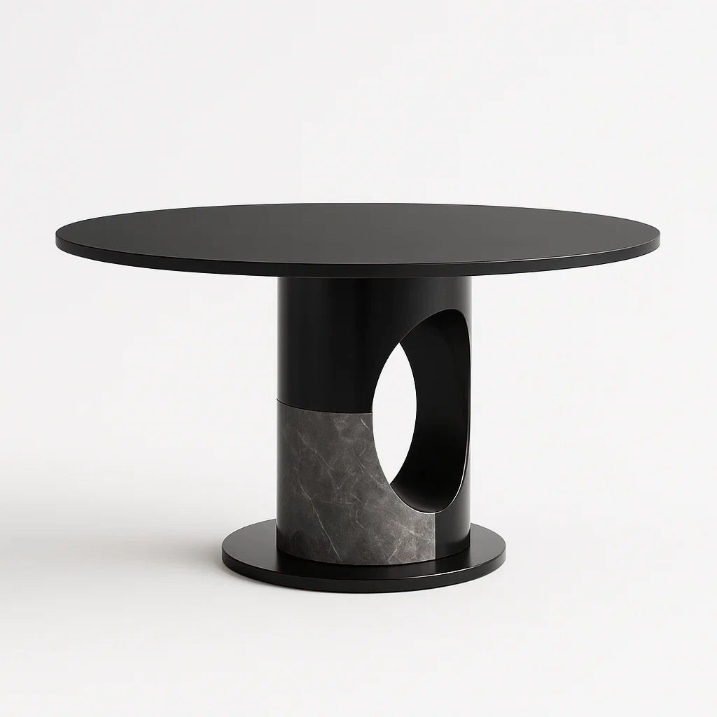 Tavolo rotondo in legno e marmo nero con base cava, diametro 120 cm