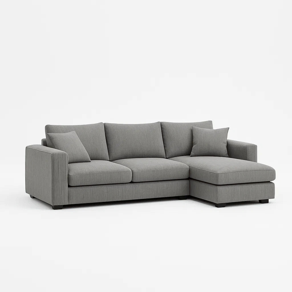Divano angolare in tessuto poliestere grigio con chaise longue