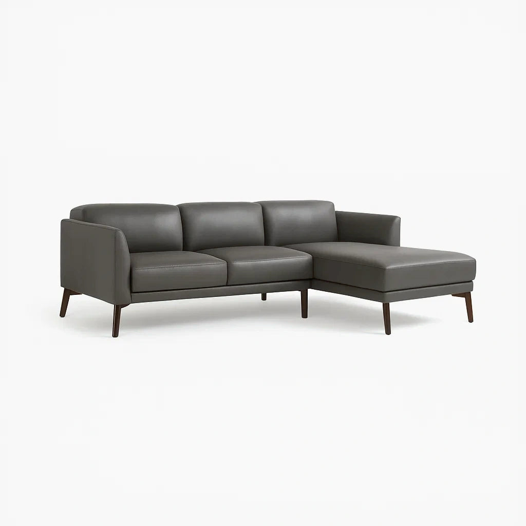 Divano angolare in pelle sintetica con chaise longue grigia