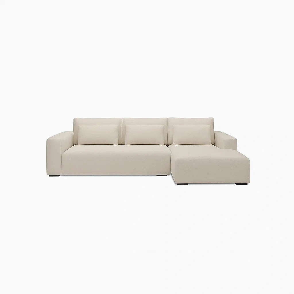 Divano angolare in legno e tessuto poliestere beige con chaise longue
