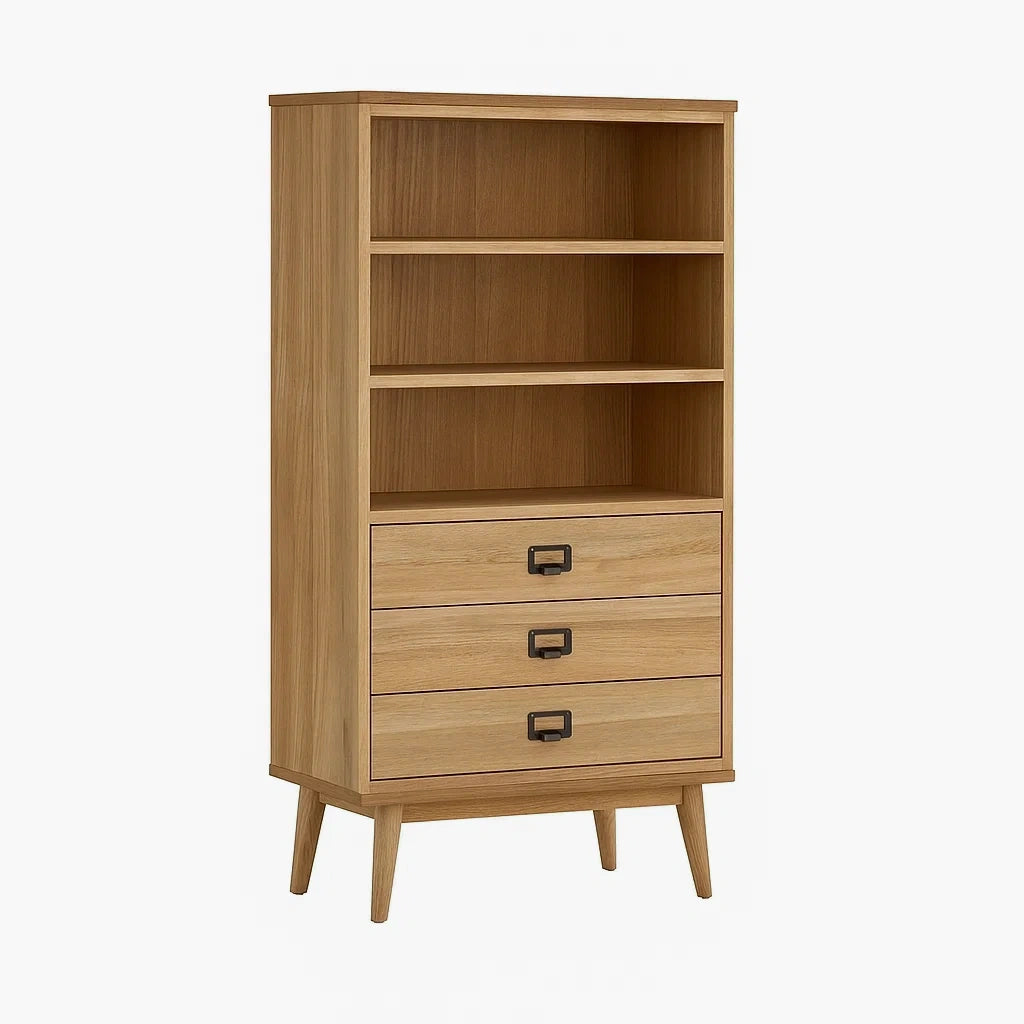 Libreria in legno di quercia con 3 ripiani e 3 cassetti