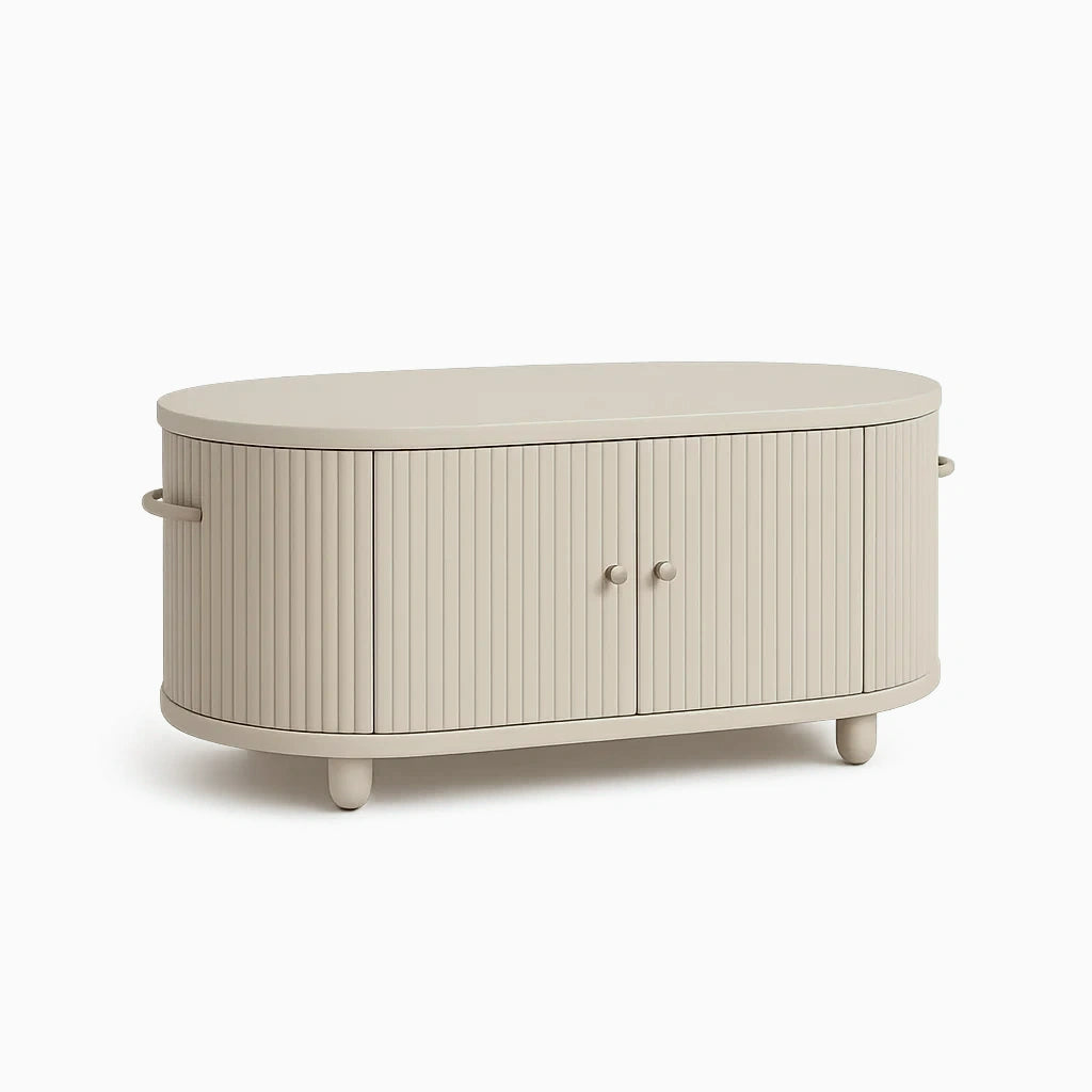 Mobiletto ovale in MDF verniciato beige con ante scanalate