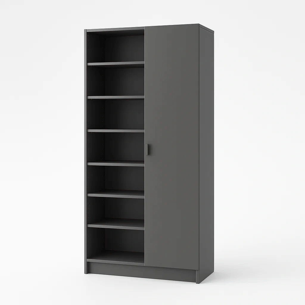 Libreria in Legno Composito con 6 Ripiani e Porta Grigio 180x80x30 cm