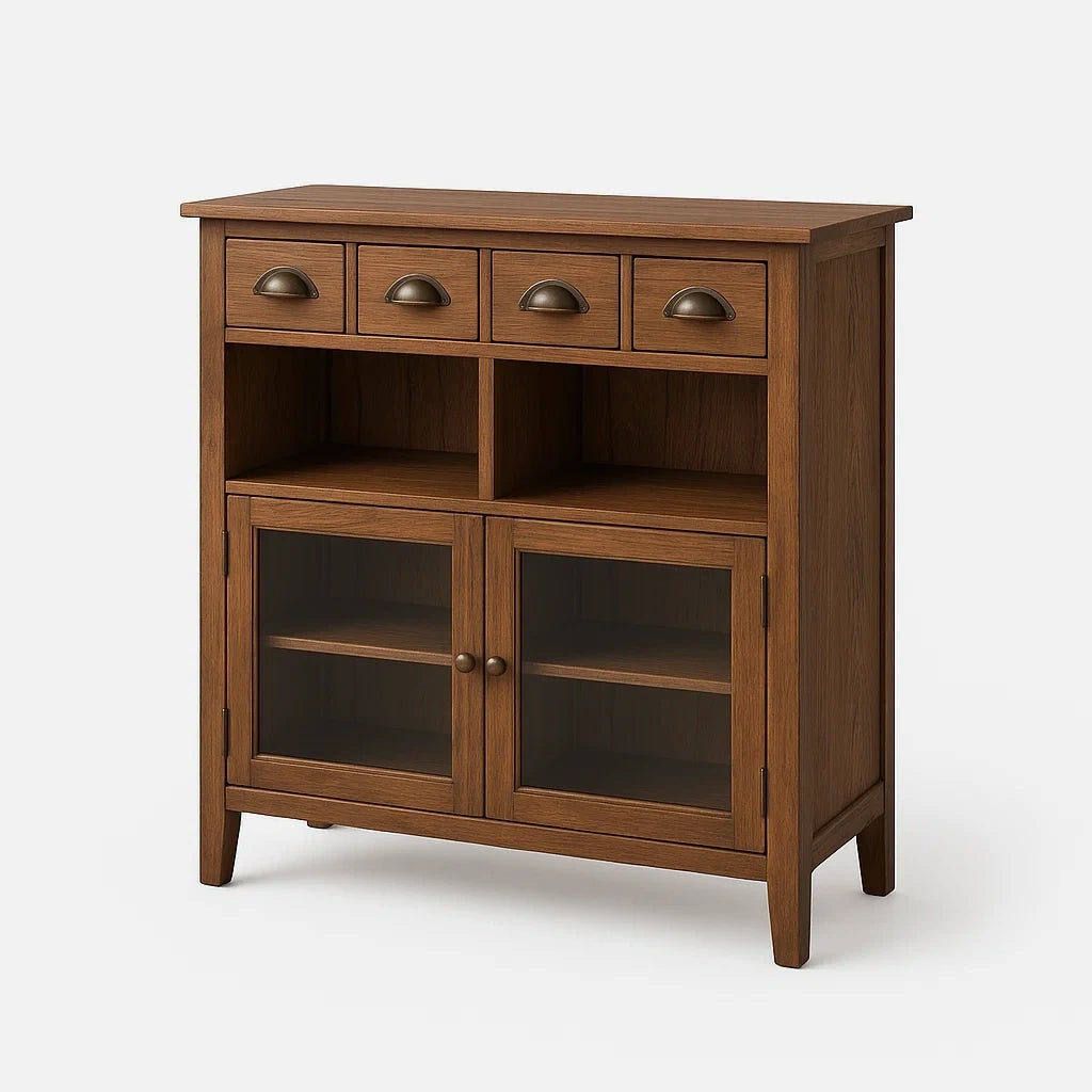 Credenza in legno con cassetti e ante in vetro temperato marrone