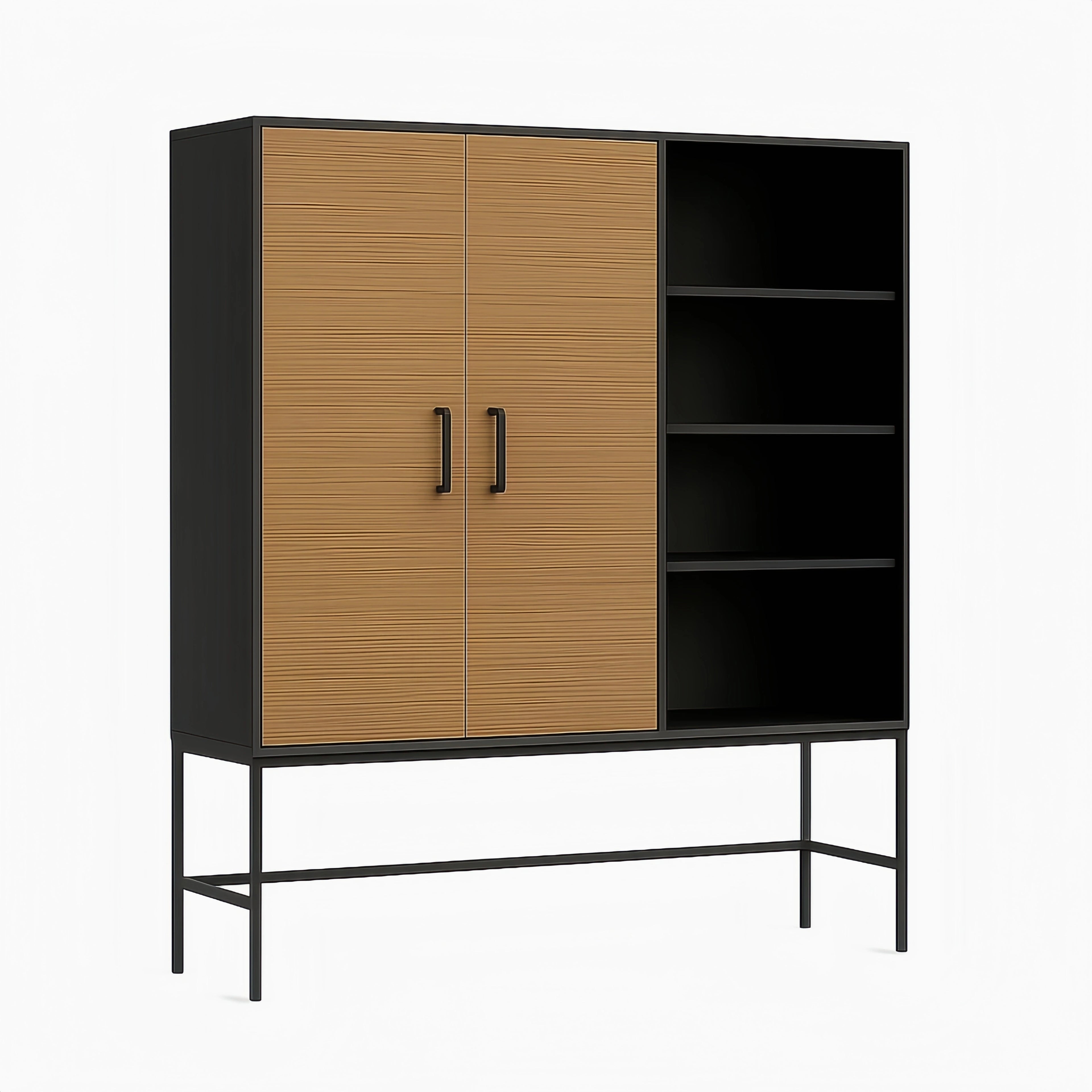 Credenza in metallo e MDF con ripiani aperti Nero e Marrone 120x40x180 cm