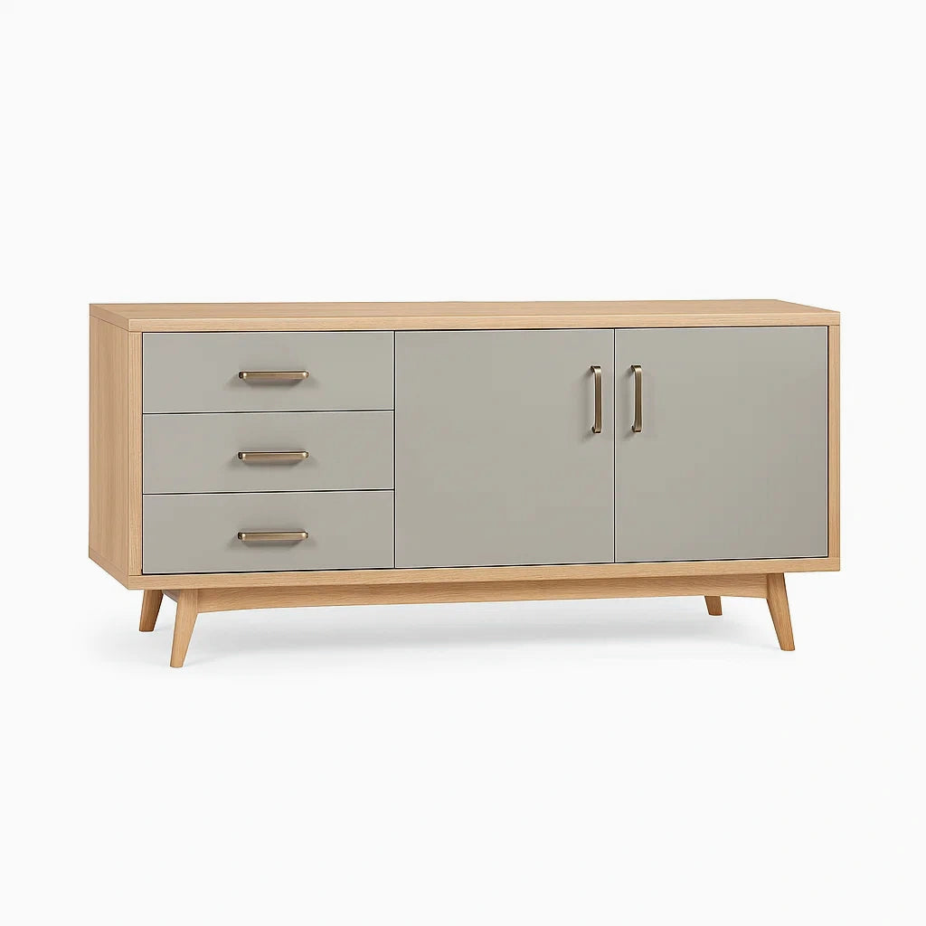 Credenza in legno con cassetti e ante grigie