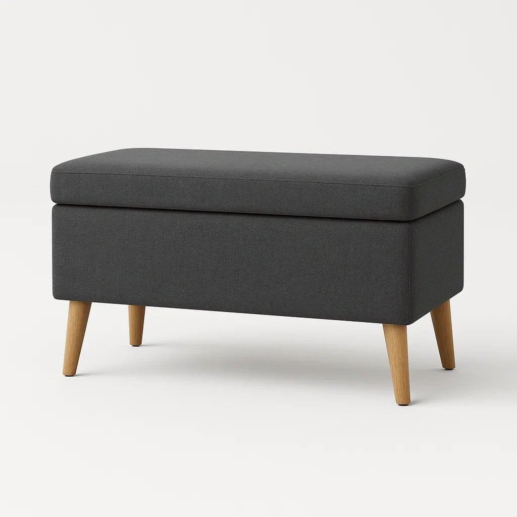 Panca contenitore in tessuto con gambe in legno