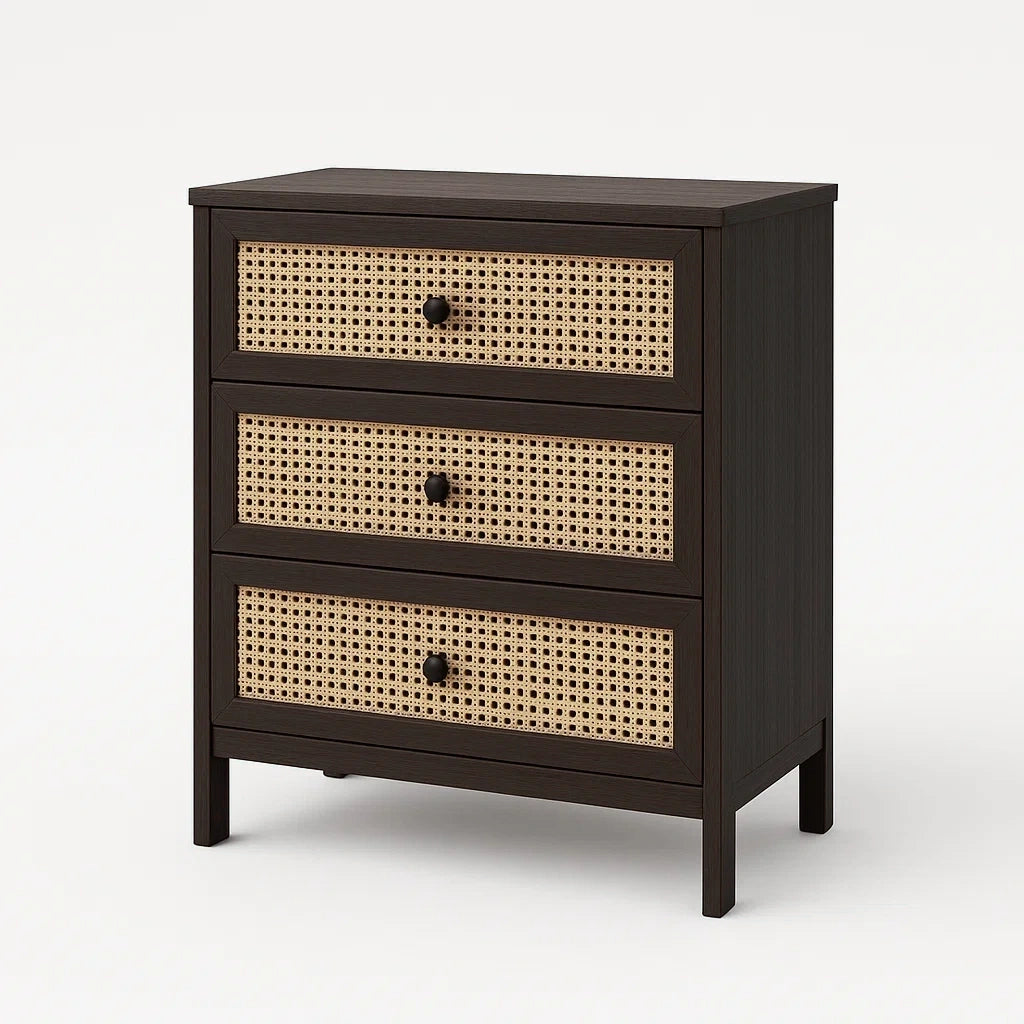 Cassettiera in Legno e Rattan con 3 Cassetti