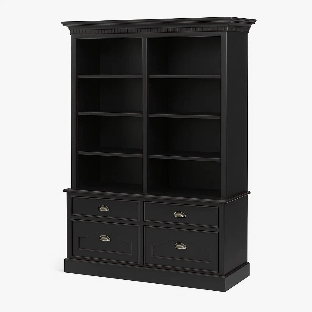 Libreria in Legno Nero a 4 Cassetti e Ripiani