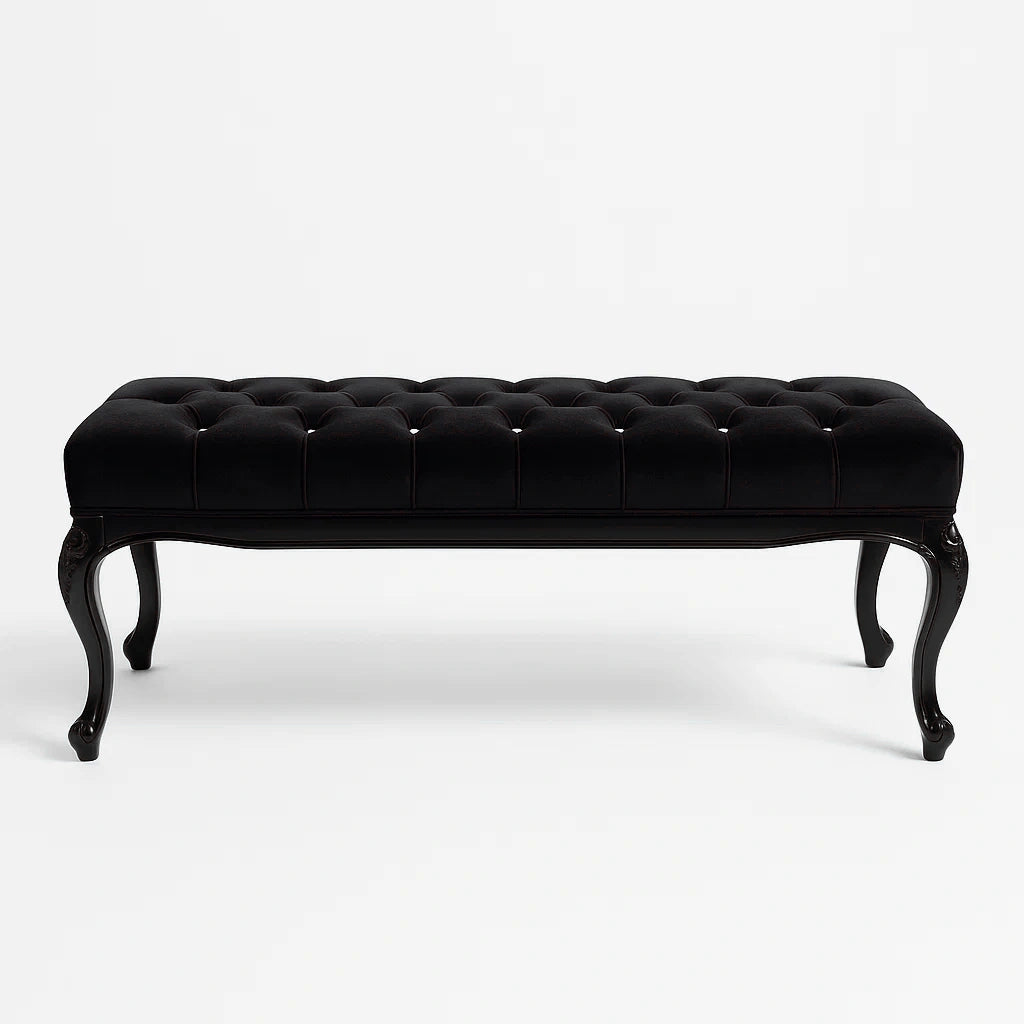 Panca in Velluto Nero con Gambe in Legno Intagliato