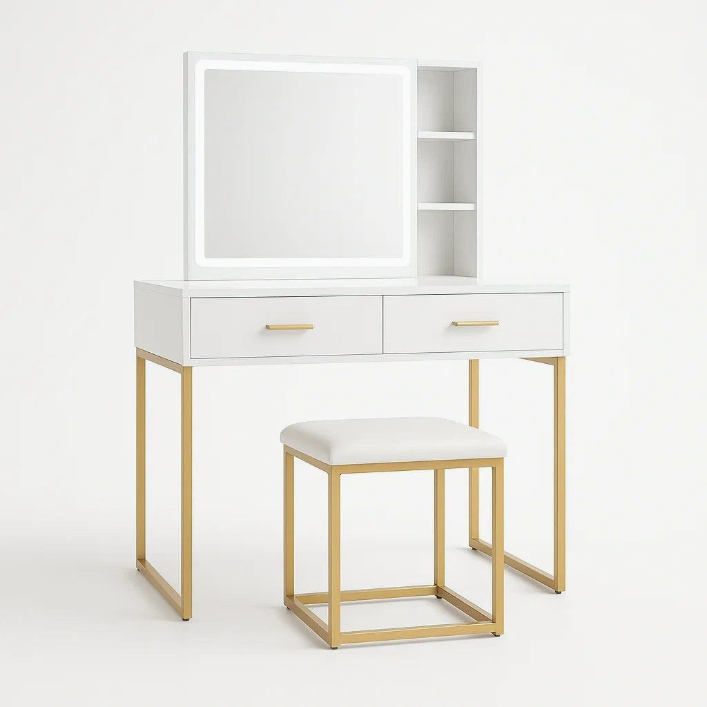 Tavolo da trucco in metallo e MDF con specchio LED e sgabello bianco